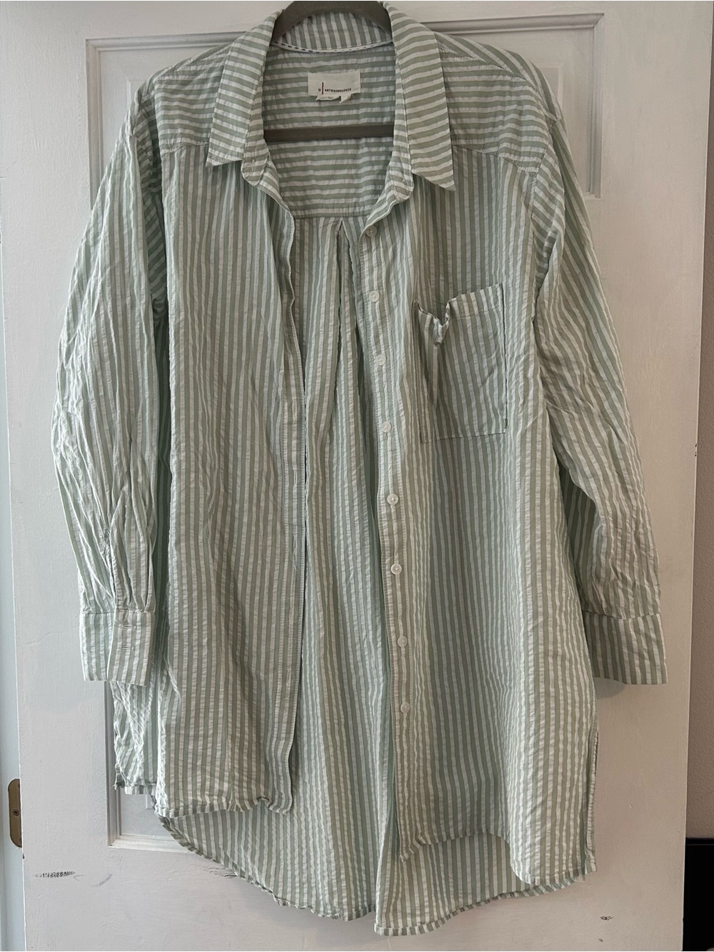 Anthropologie Seersucker Light Green and White Striped Button-Down Tunic